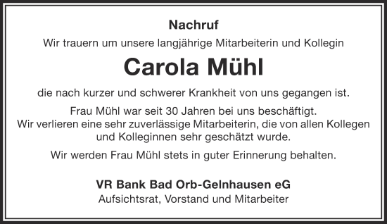 Traueranzeige von Carola Mühl von Gelnhäuser Neue Zeitung