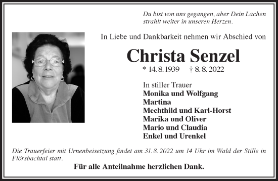 Traueranzeige von Christa Senzel von Mittelhessen-Bote