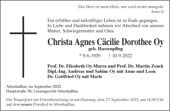 Traueranzeige von Christa Agnes Cäcilie Dorothee Oy von Gelnhäuser Neue Zeitung