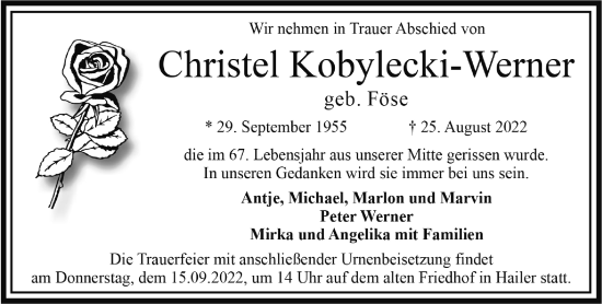 Traueranzeige von Christel Kobylecki-Werner von Gelnhäuser Neue Zeitung