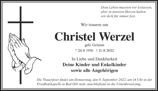 Traueranzeige von Christel Werzel von Gelnhäuser Neue Zeitung