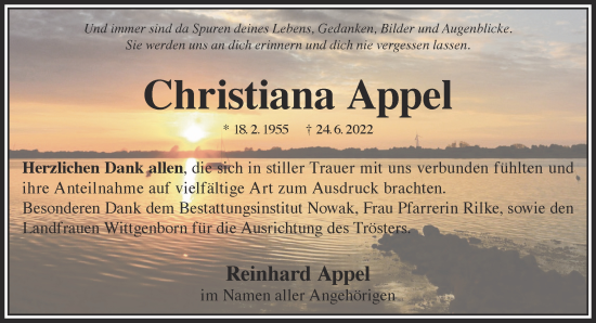 Traueranzeige von Christiana Appel von Gelnhäuser Neue Zeitung