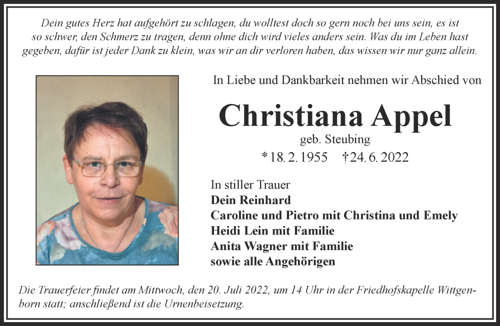  Traueranzeige für Christiana Appel vom 16.07.2022 aus Mittelhessen-Bote