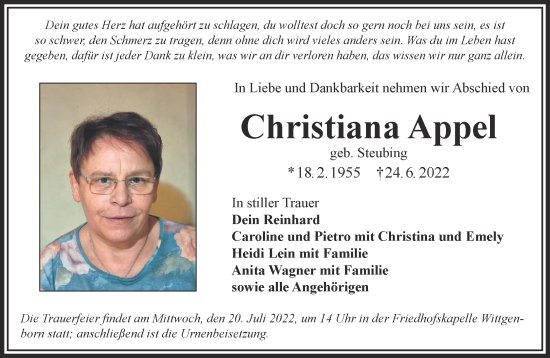 Traueranzeige von Christiana Appel von Gelnhäuser Neue Zeitung