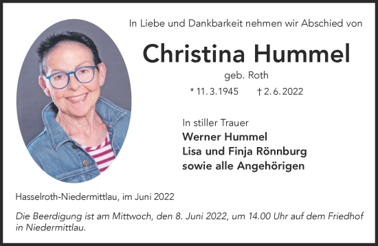 Traueranzeige von Christina Hummel von Gelnhäuser Neue Zeitung