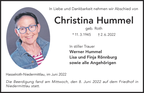 Traueranzeige von Christina Hummel von Mittelhessen-Bote