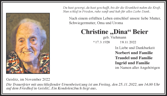 Traueranzeige von Christine Beier von Gelnhäuser Neue Zeitung