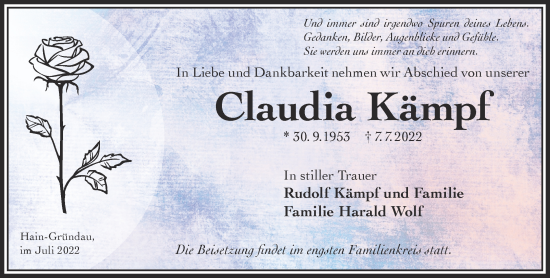 Traueranzeige von Claudia Kämpf von Gelnhäuser Neue Zeitung