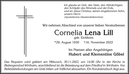 Traueranzeige von Cornelia Lena Lill von Gelnhäuser Neue Zeitung