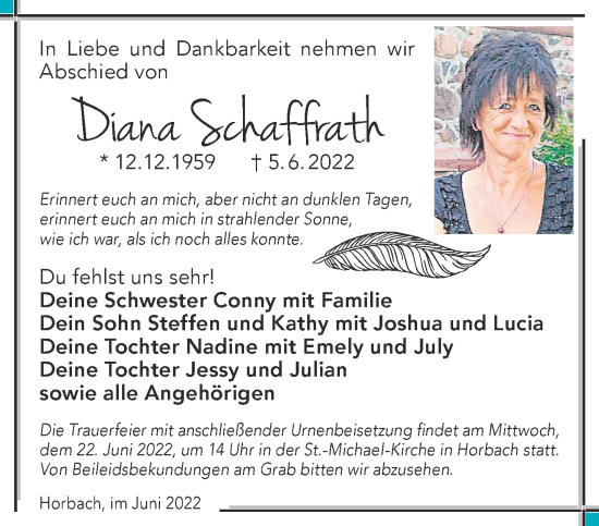 Traueranzeige von Diana Schaffrath von Gelnhäuser Neue Zeitung