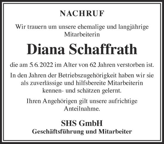 Traueranzeige von Diana Schaffrath von Gelnhäuser Neue Zeitung