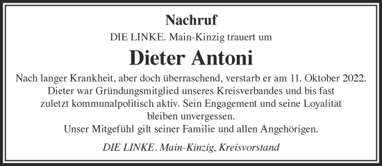 Traueranzeige von Dieter Antoni von Gelnhäuser Neue Zeitung