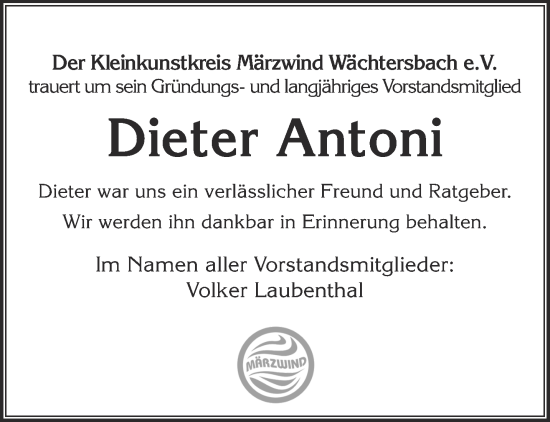 Traueranzeige von Dieter Antoni von Gelnhäuser Neue Zeitung