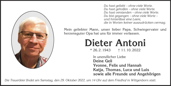 Traueranzeige von Dieter Antoni von Mittelhessen-Bote