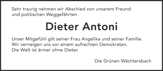 Traueranzeige von Dieter Antoni von Gelnhäuser Neue Zeitung