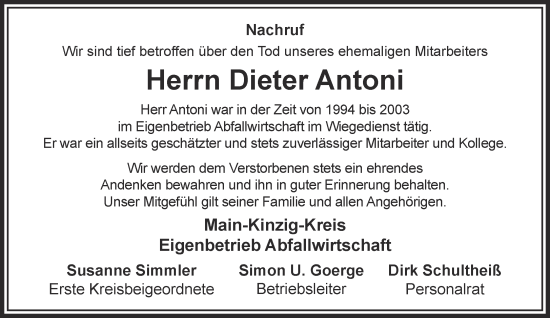 Traueranzeige von Dieter Antoni von Gelnhäuser Neue Zeitung