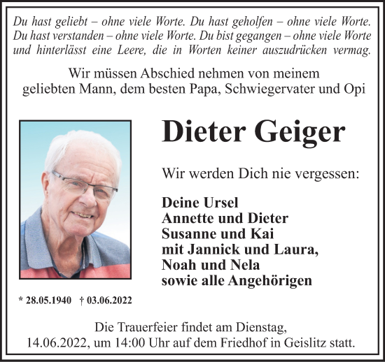 Traueranzeige von Dieter Geiger von Gelnhäuser Neue Zeitung