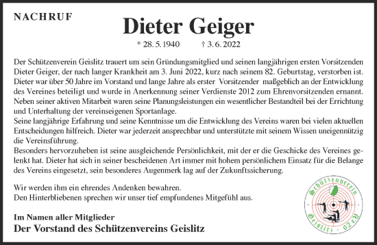 Traueranzeige von Dieter Geiger von Gelnhäuser Neue Zeitung