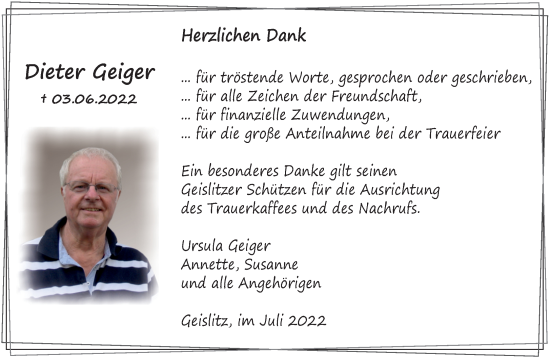 Traueranzeige von Dieter Geiger von Gelnhäuser Neue Zeitung