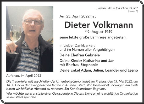 Traueranzeige von Dieter Volkmann von Gelnhäuser Neue Zeitung