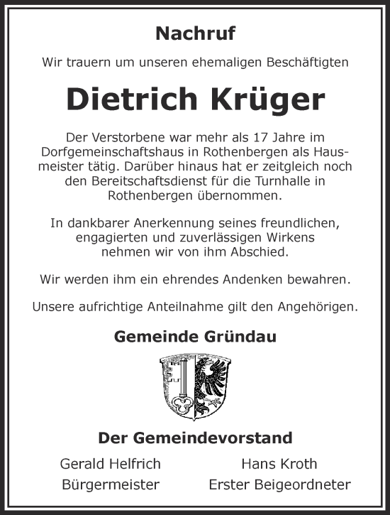 Traueranzeige von Dietrich Krüger von Gelnhäuser Neue Zeitung