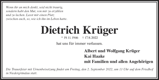 Traueranzeige von Dietrich Krüger von Gelnhäuser Neue Zeitung