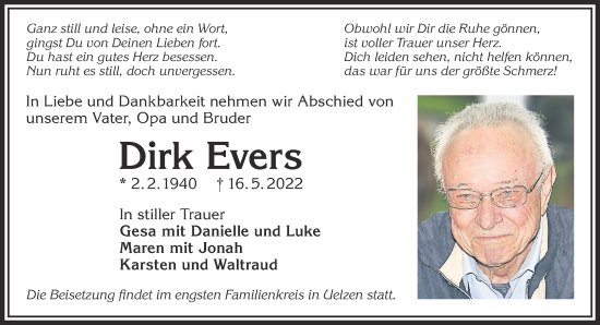 Traueranzeige von Dirk Evers von Mittelhessen-Bote
