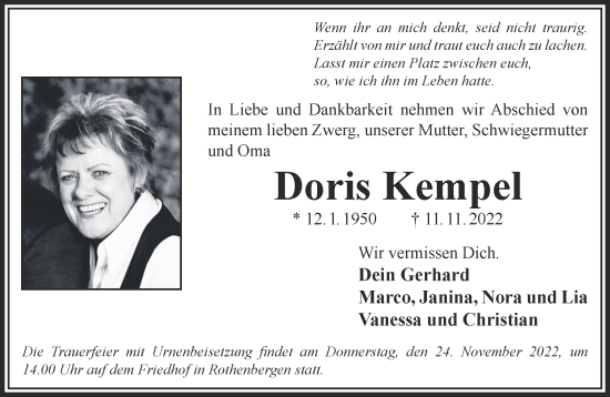 Traueranzeige von Doris Kempel von Gelnhäuser Neue Zeitung