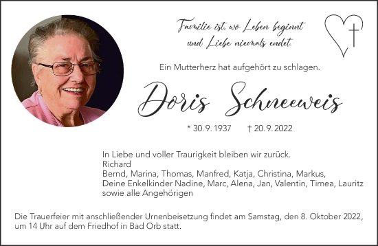 Traueranzeige von Doris Schneeweis von Gelnhäuser Neue Zeitung