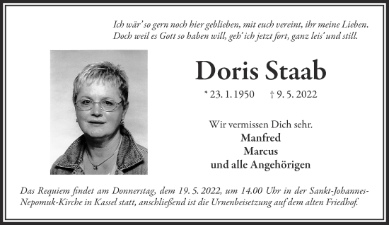 Traueranzeige von Doris Staab von Gelnhäuser Neue Zeitung