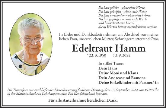 Traueranzeige von Edeltraut Hamm von Gelnhäuser Neue Zeitung