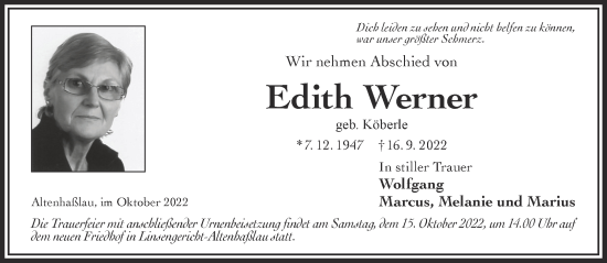 Traueranzeige von Edith Werner von Gelnhäuser Neue Zeitung