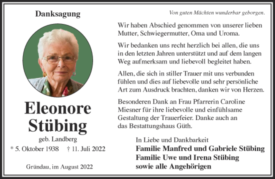 Traueranzeige von Eleonore Stübing von Gelnhäuser Neue Zeitung