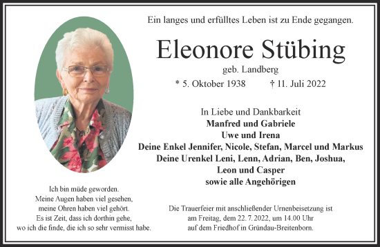 Traueranzeige von Eleonore Stübing von Gelnhäuser Neue Zeitung