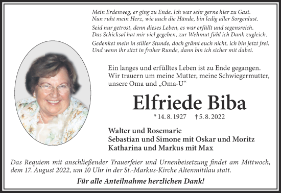 Traueranzeige von Elfriede Biba von Gelnhäuser Neue Zeitung