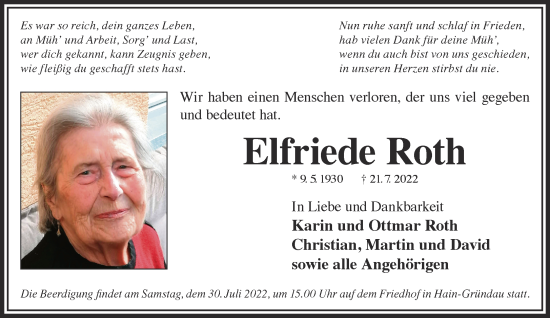 Traueranzeige von Elfriede Roth von Gelnhäuser Neue Zeitung