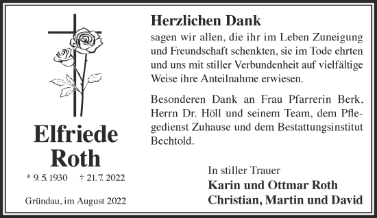 Traueranzeige von Elfriede Roth von Gelnhäuser Neue Zeitung