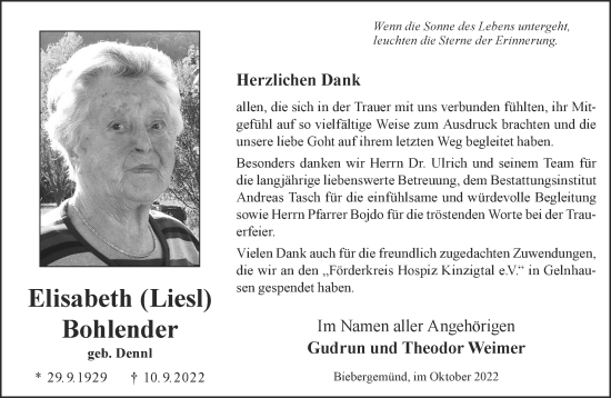 Traueranzeige von Elisabeth Bohlender von Gelnhäuser Neue Zeitung