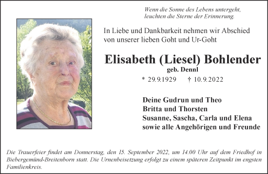 Traueranzeige von Elisabeth Bohlender von Gelnhäuser Neue Zeitung