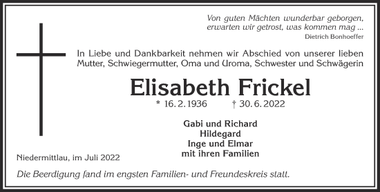 Traueranzeige von Elisabeth Frickel von Mittelhessen-Bote