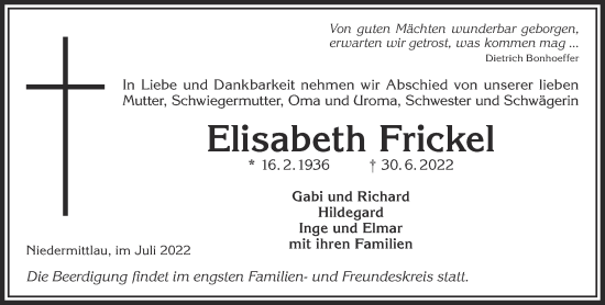 Traueranzeige von Elisabeth Frickel von Gelnhäuser Neue Zeitung