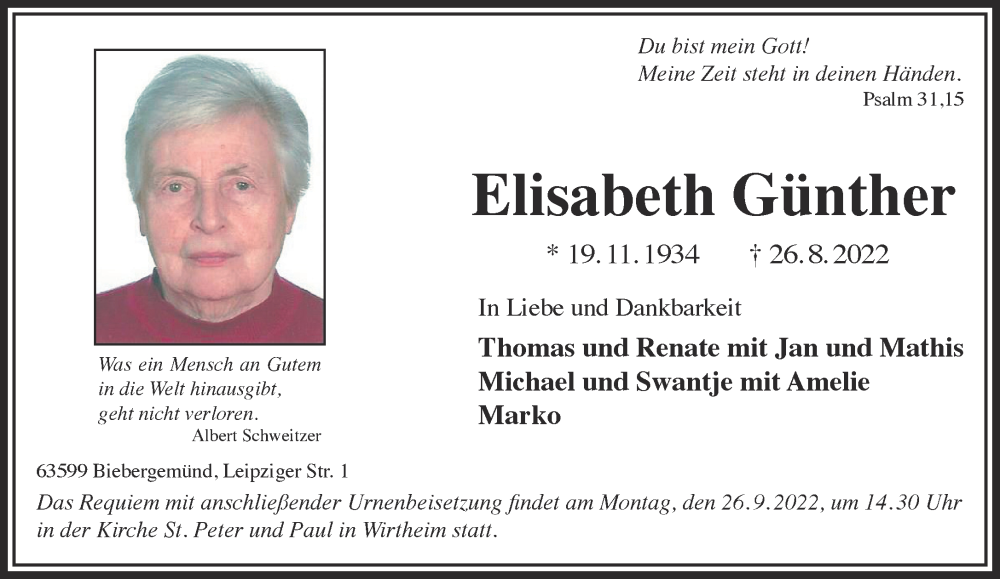 Traueranzeigen von Elisabeth Günther | trauer.gnz.de