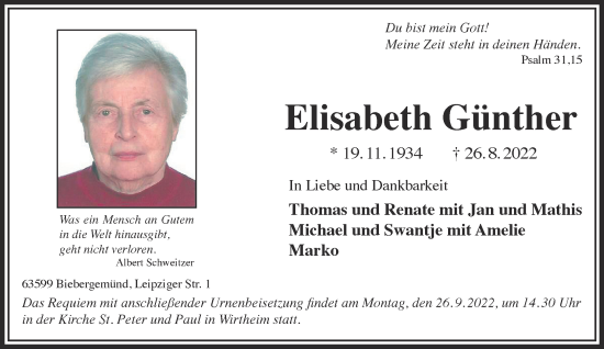 Traueranzeige von Elisabeth Günther von Gelnhäuser Neue Zeitung