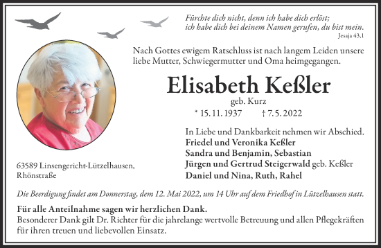 Traueranzeige von Elisabeth Keßler von Gelnhäuser Neue Zeitung