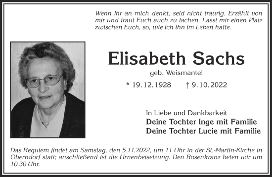 Traueranzeige von Elisabeth Sachs von Gelnhäuser Neue Zeitung