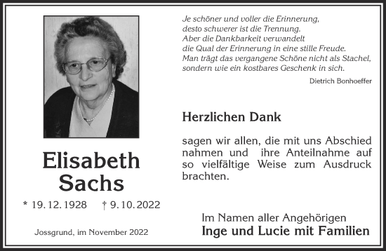 Traueranzeige von Elisabeth Sachs von Gelnhäuser Neue Zeitung