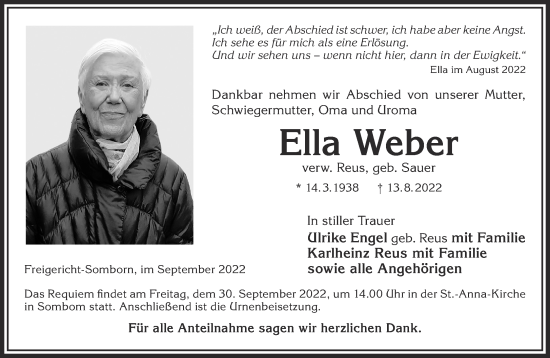 Traueranzeige von Ella Weber von Gelnhäuser Neue Zeitung