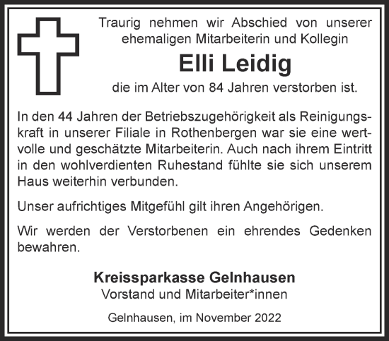 Traueranzeige von Elli Leidig von Gelnhäuser Neue Zeitung