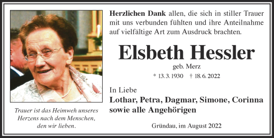 Traueranzeige von Elsbeth Hessler von Gelnhäuser Neue Zeitung