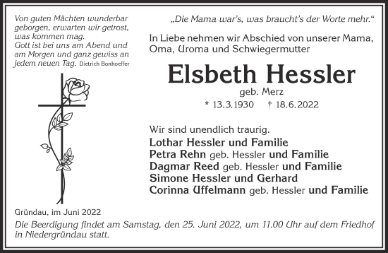 Traueranzeige von Elsbeth Hessler von Gelnhäuser Neue Zeitung